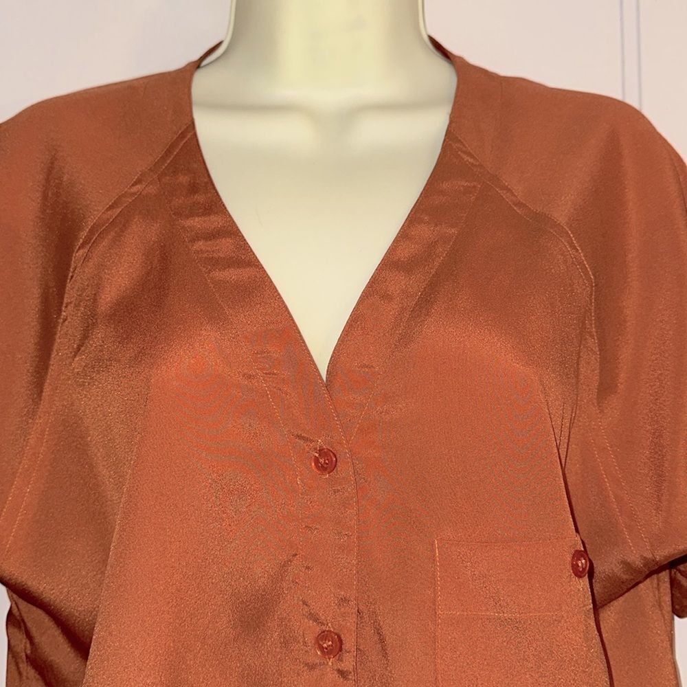 Vintage 70s/80s Irka Rust Orange Polyester Button-Up Short Sleeve Shirt - Picture 2 of 8